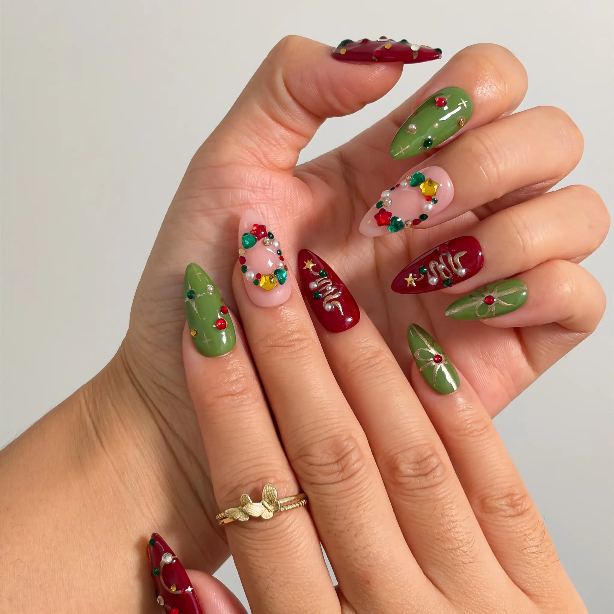 Jewel Tree Cheer Long Almond press-on nails, modeled detail view 1