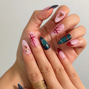 Teddy Gift Gala Long Almond press-on nails, modeled detail view 1