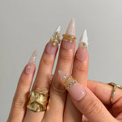 Ivory Baroque Halo Long Almond press-on nails, modeled detail view 2