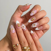 Pearl Blossom Whisper Long Almond press-on nails, modeled detail view 1