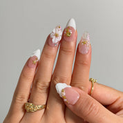 Pearl Blossom Whisper Long Almond press-on nails, modeled detail view 2
