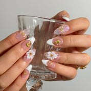 Pearl Blossom Whisper Long Almond press-on nails, modeled detail view 3