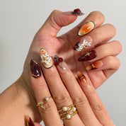 Amber Botanical Heirloom Long Almond press-on nails, modeled detail view 1