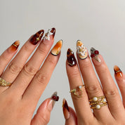 Amber Botanical Heirloom Long Almond press-on nails, modeled detail view 2