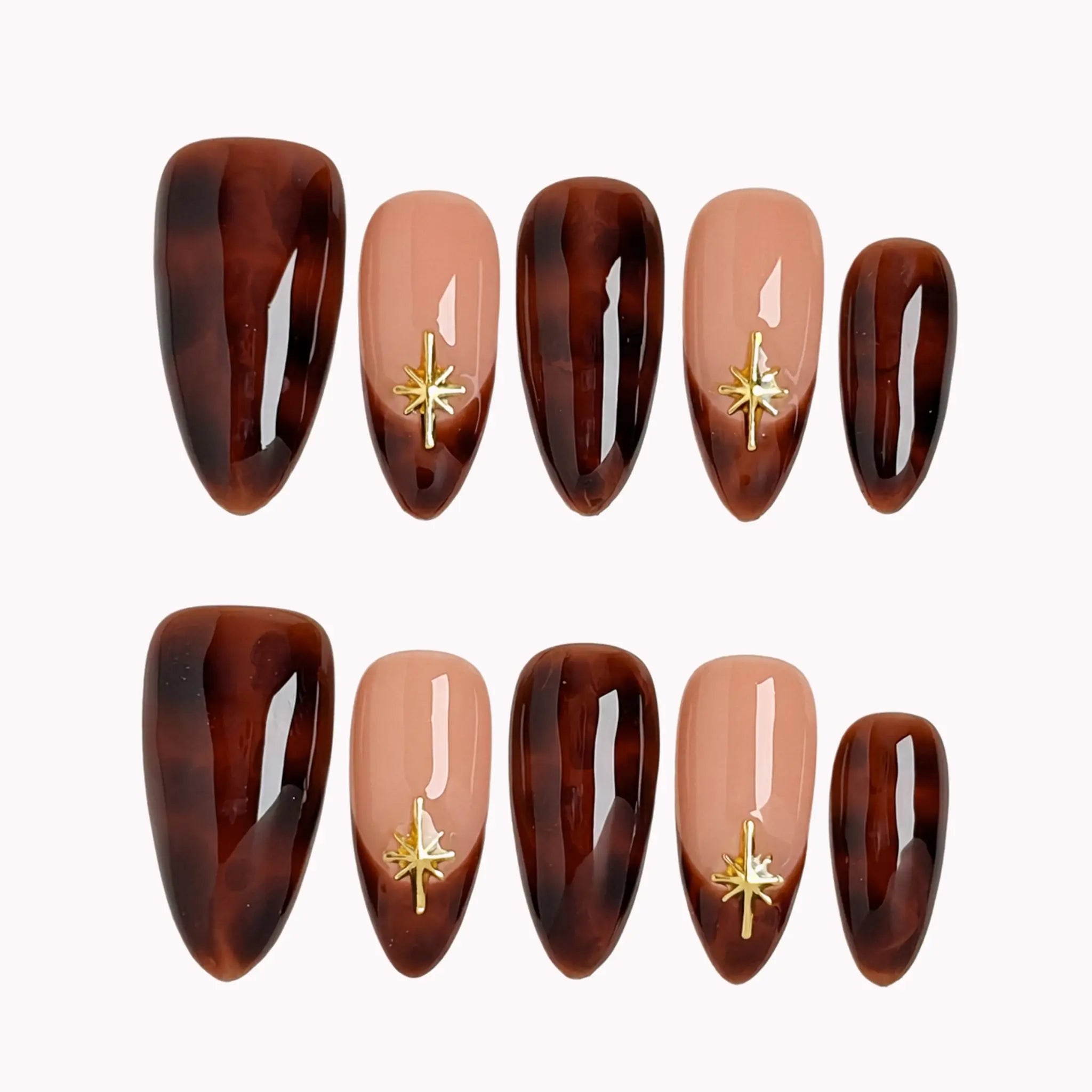 Tortoiseshell Golden Ember press-on nails in Brown, Nude, Gold on a white background