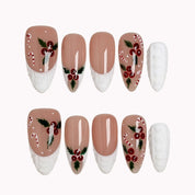 Candy Cane Snow Kiss press-on nails in Nude, White, Red on a white background