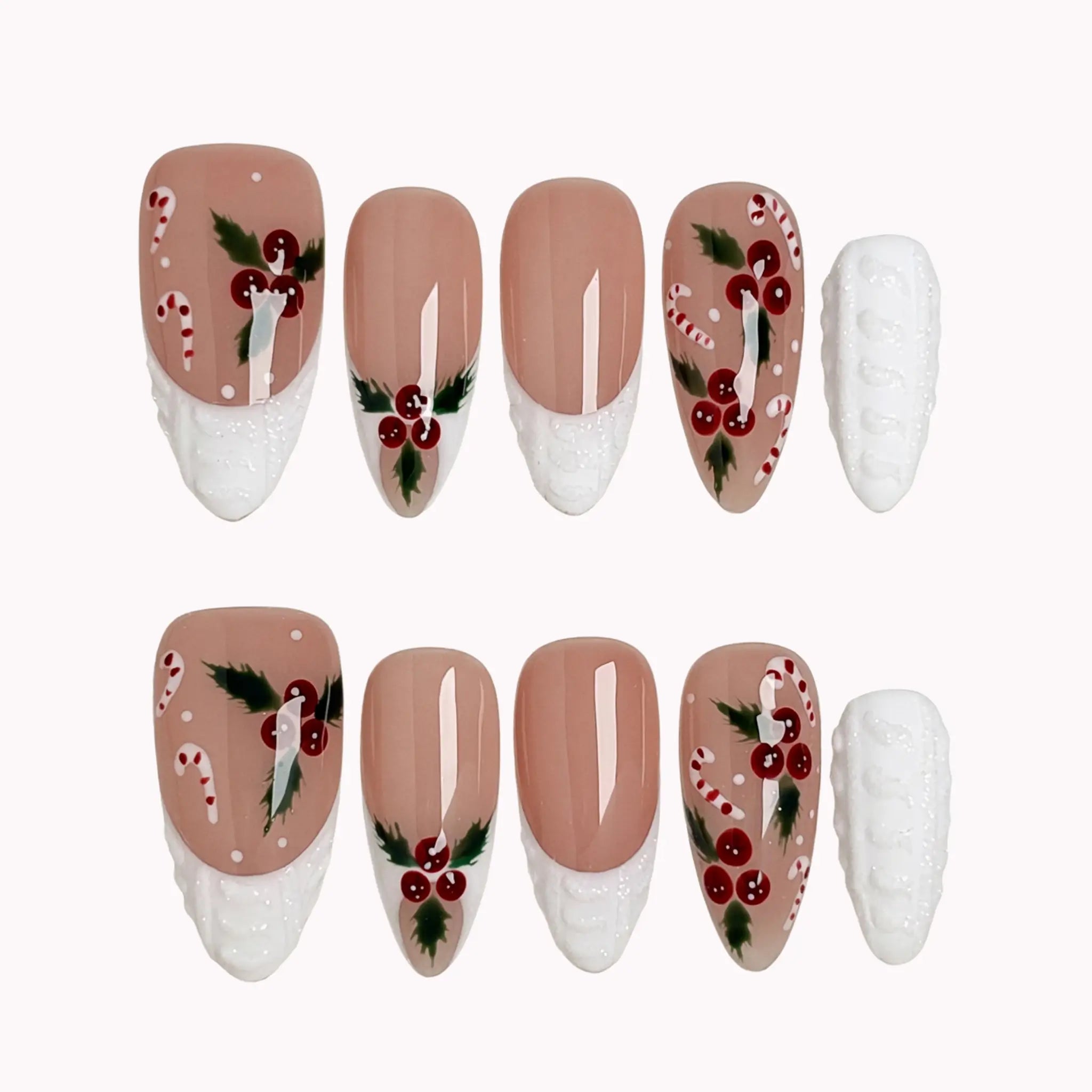Candy Cane Snow Kiss press-on nails in Nude, White, Red on a white background