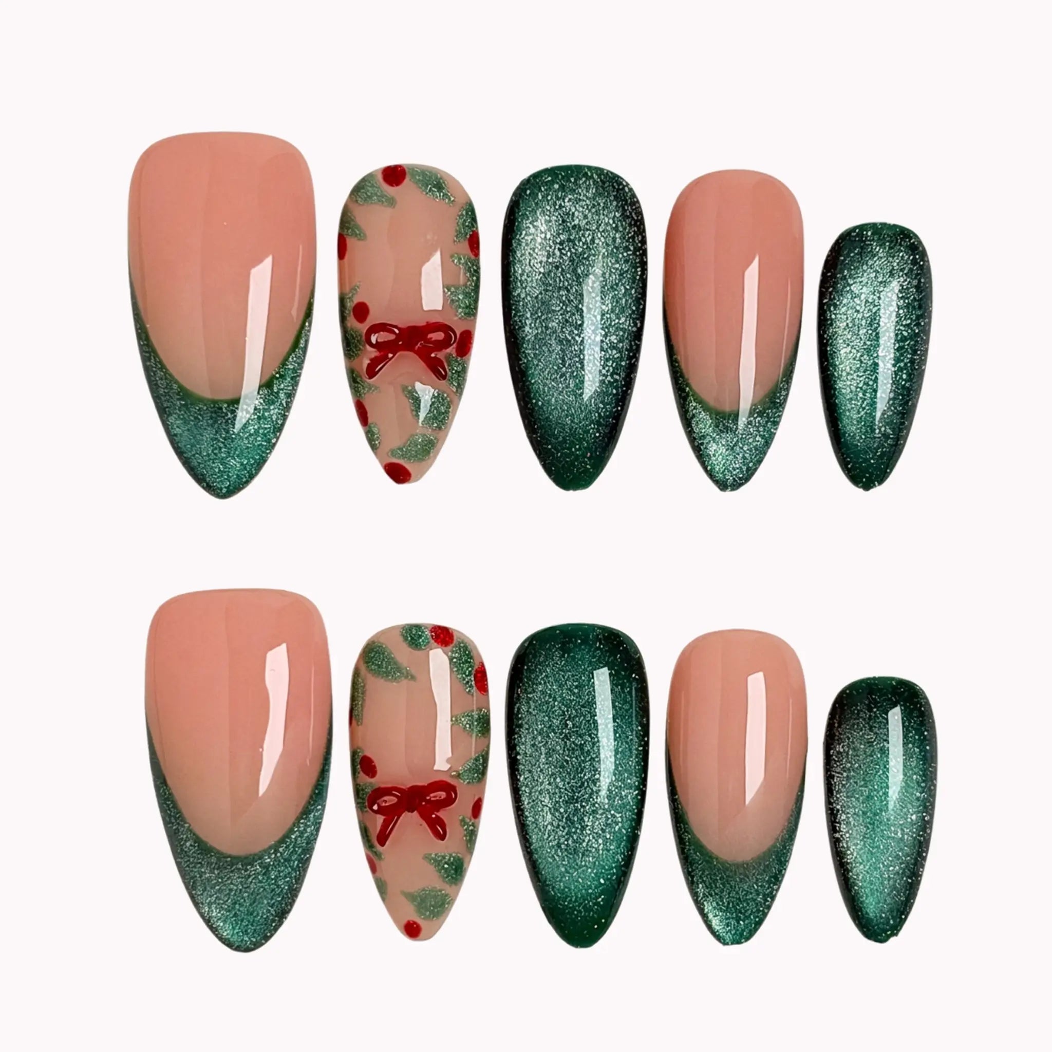 Evergreen Ribbon Spark press-on nails in Green, Red, Nude on a white background