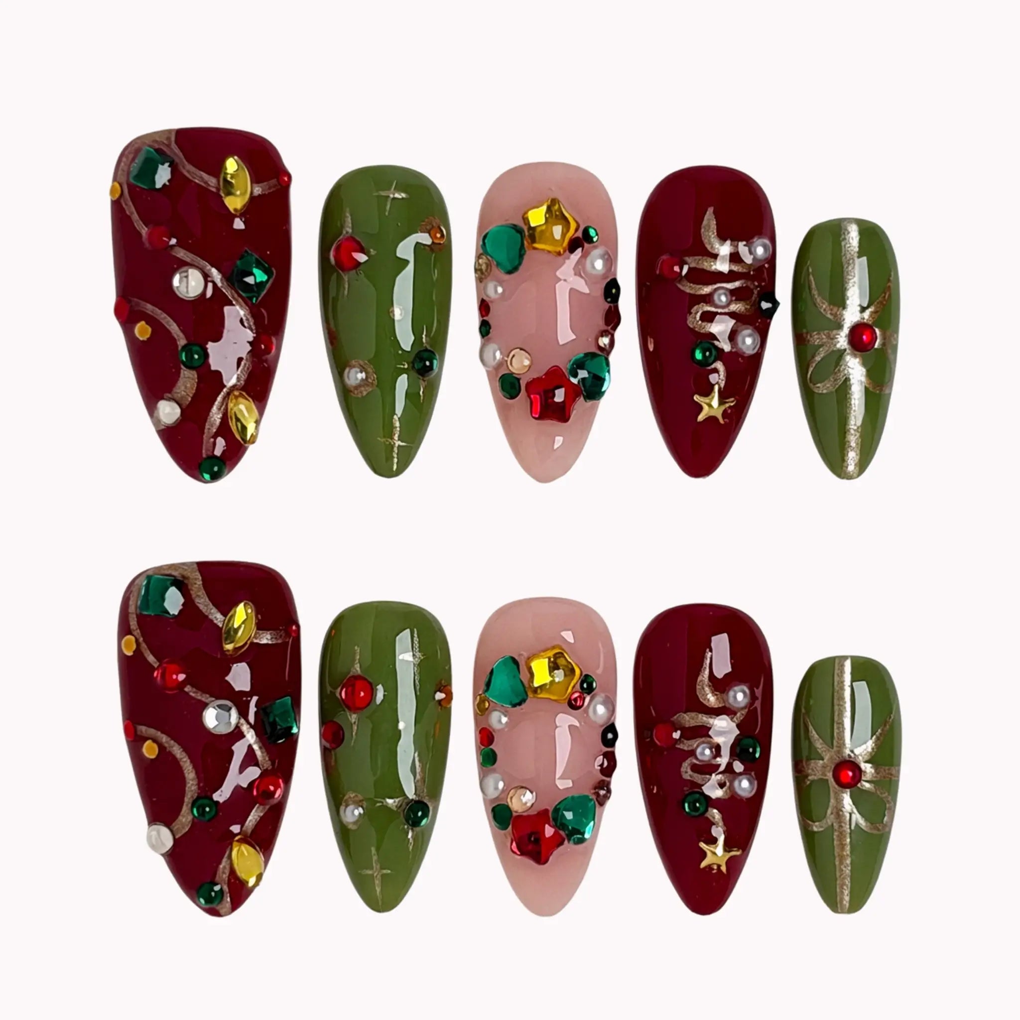 Jewel Tree Cheer press-on nails in Green, Red, Gold on a white background