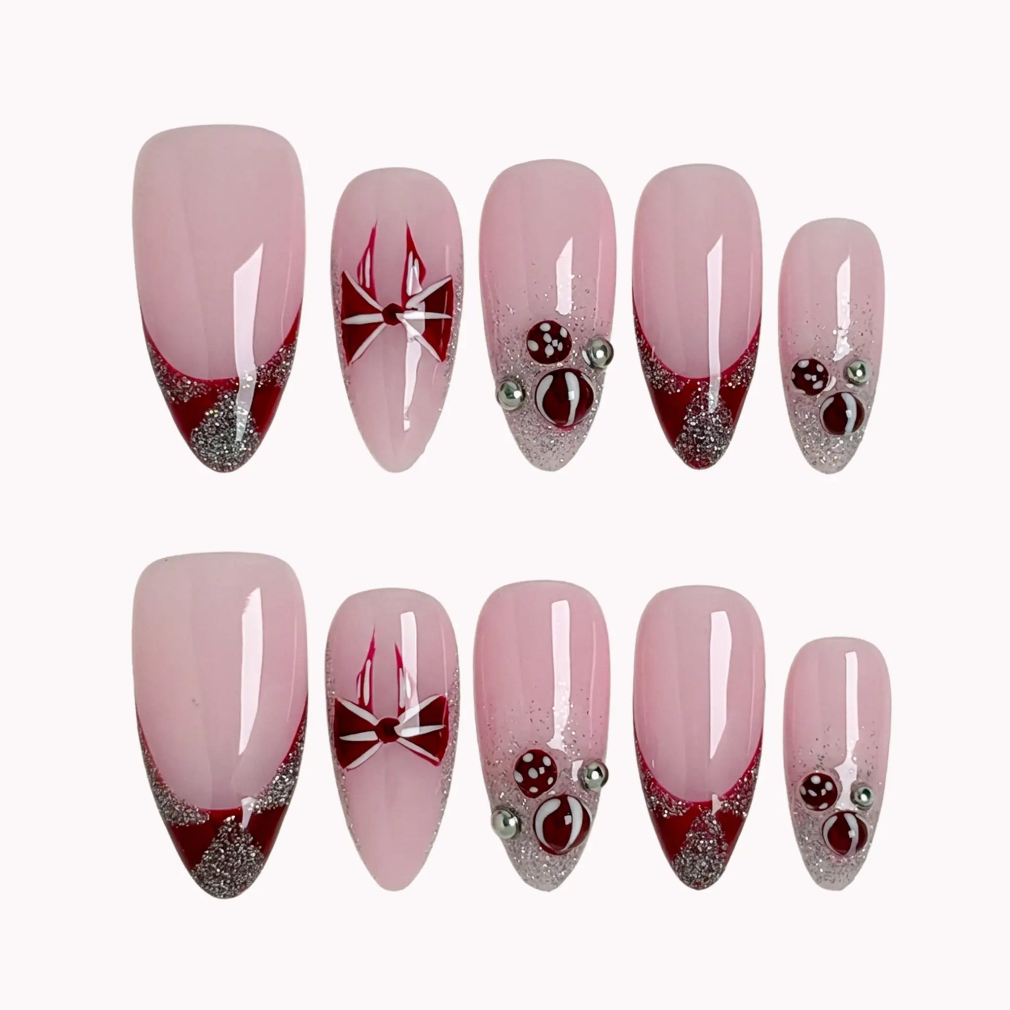 Raspberry Ribbon Trinket press-on nails in Pink, Burgundy, Silver on a white background