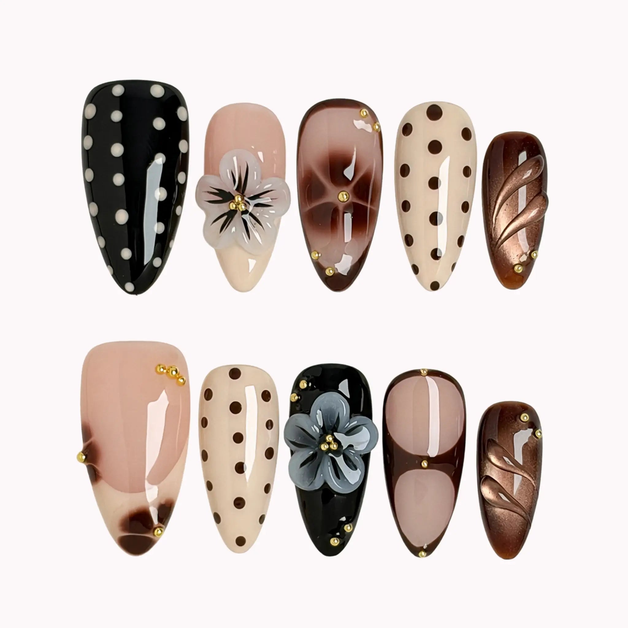 Noir Polka Bloom press-on nails in Black, White, Brown on a white background