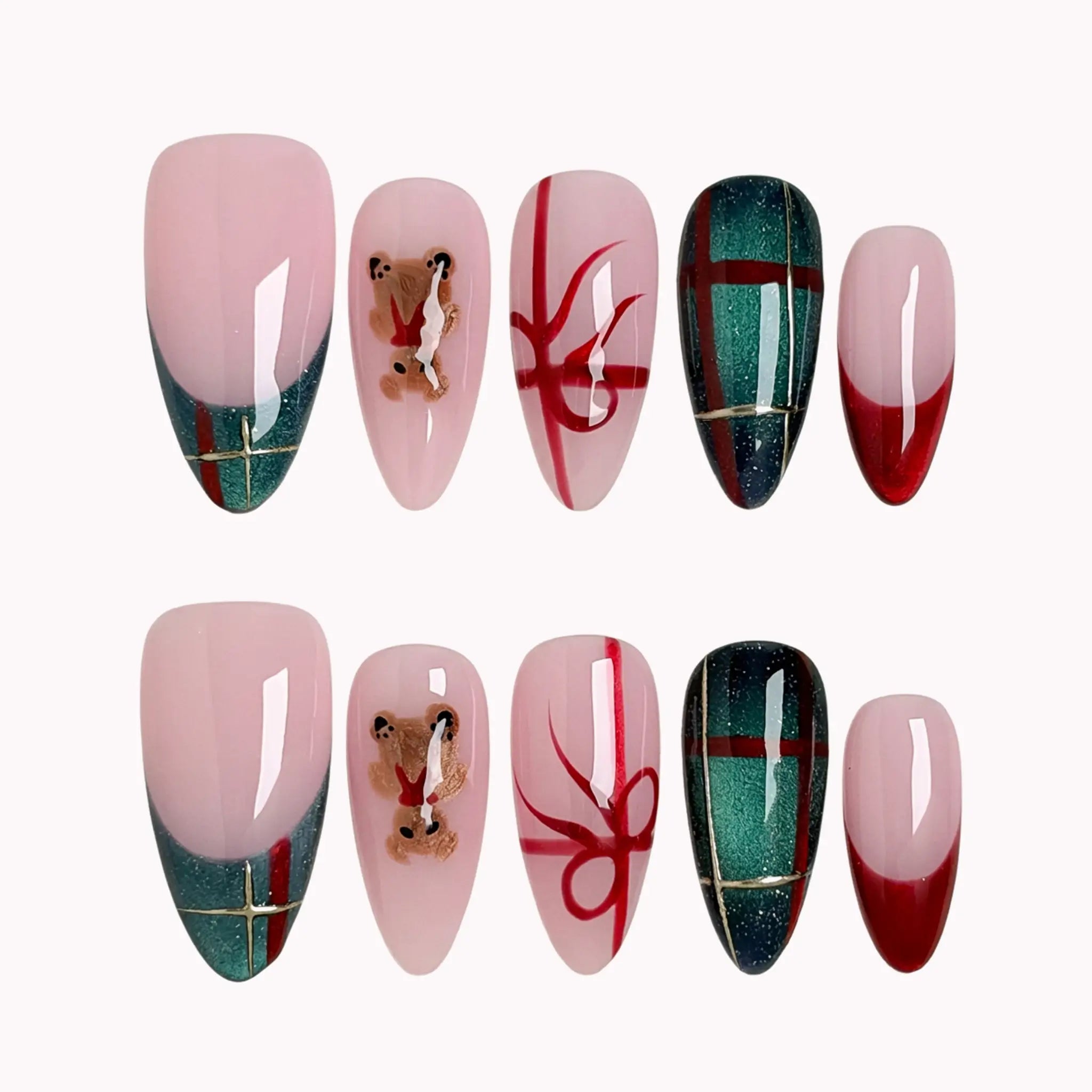 Teddy Gift Gala press-on nails in Pink, Green, Red on a white background