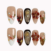 Mocha Gilded Relic press-on nails in Brown, Nude, Gold on a white background