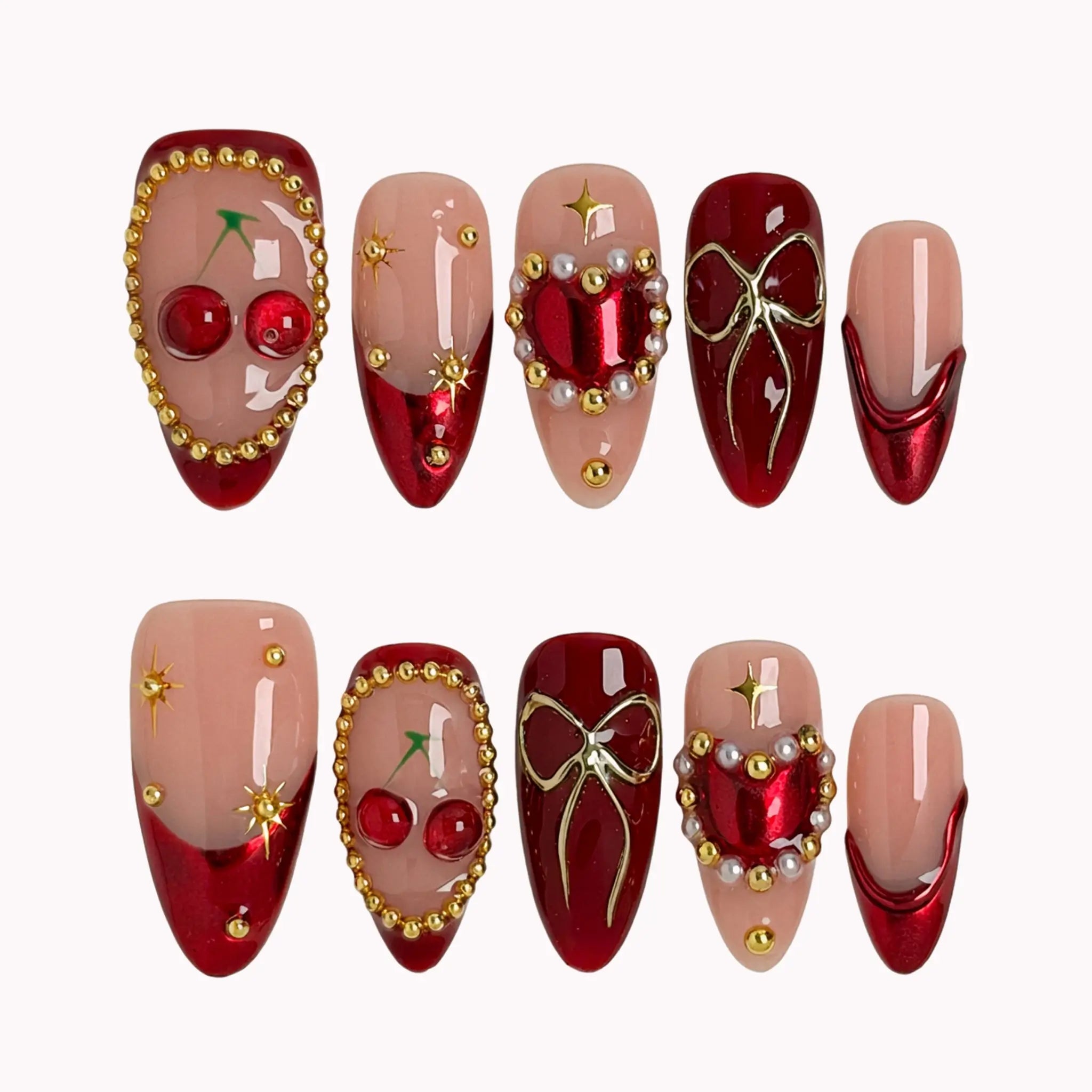 Cherry Ribbon Gala press-on nails in Red, Nude, Gold on a white background