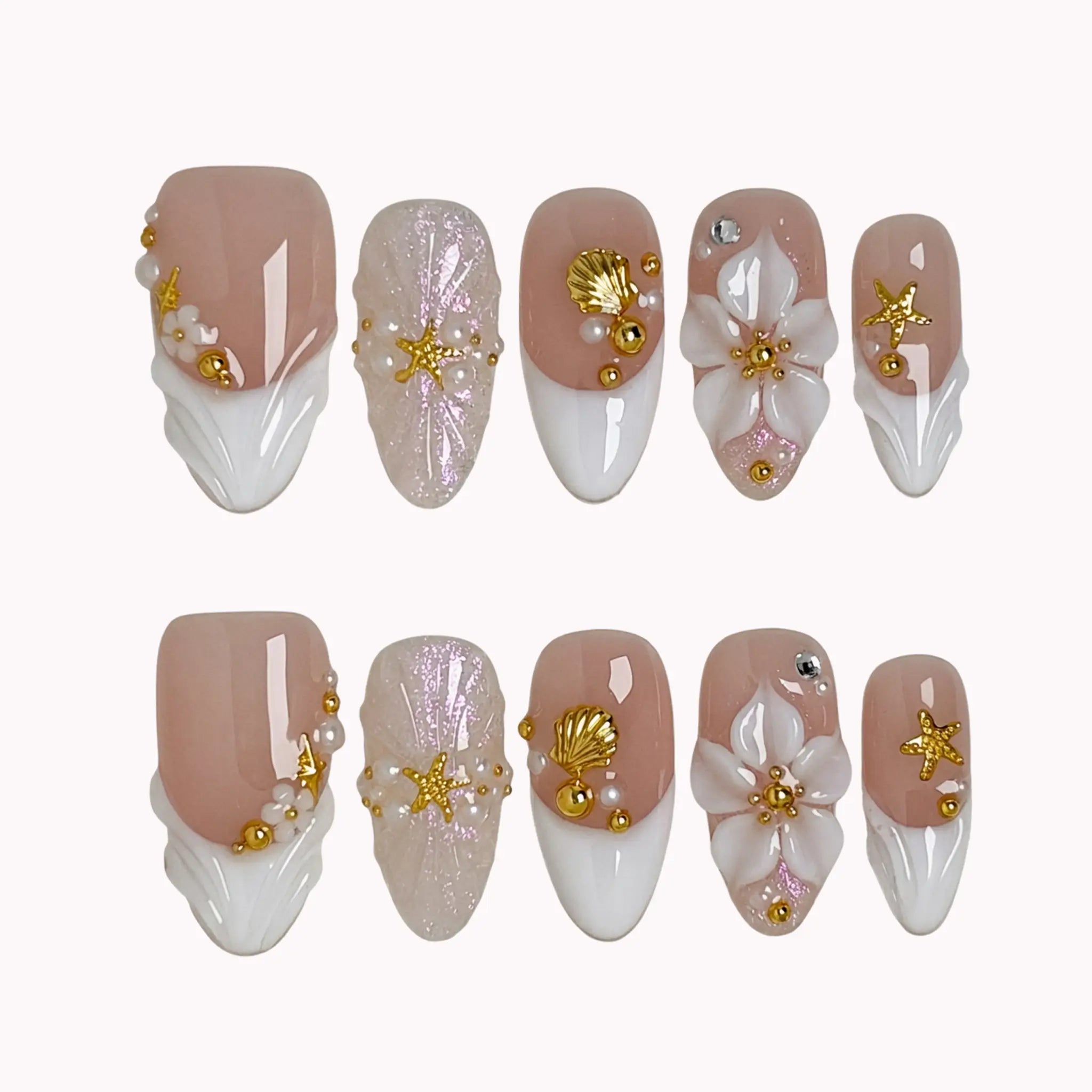 Pearl Blossom Whisper press-on nails in Nude, White, Gold on a white background