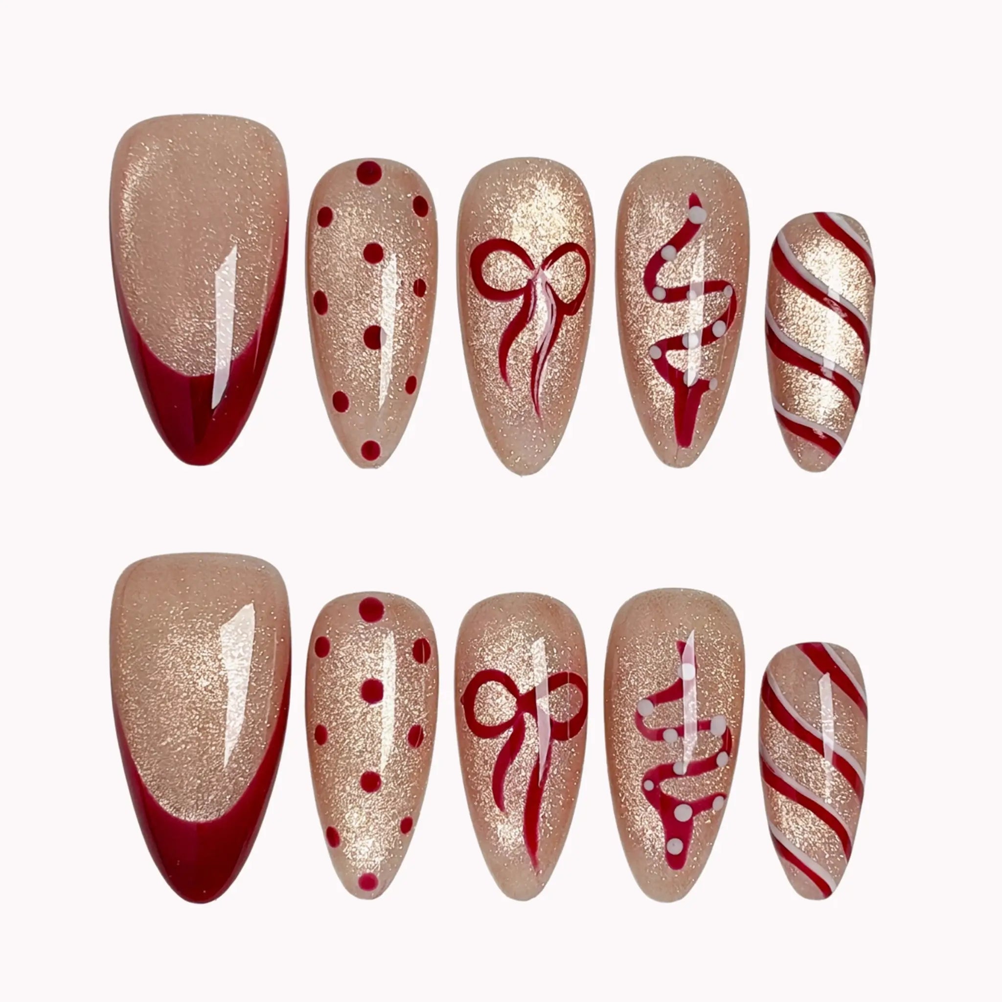 Garnet Ribbon Shimmer press-on nails in Nude, Red, Gold on a white background