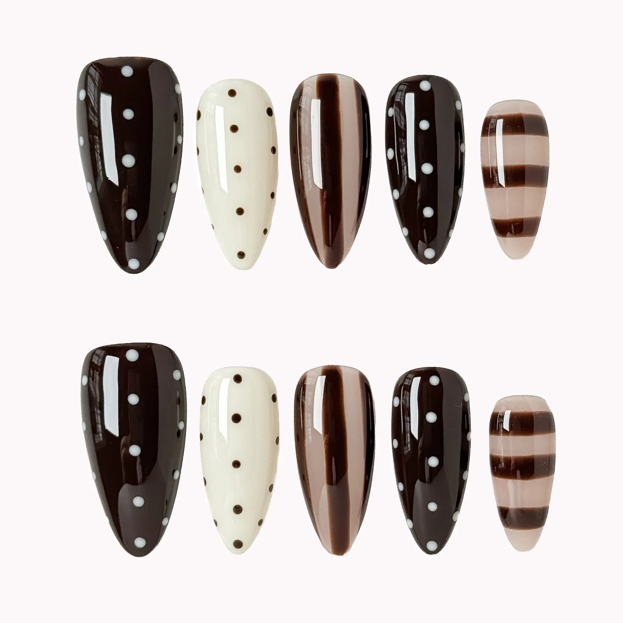 Cocoa Dot Rhythm press-on nail set in Brown, Nude, White with brown, nude and white design with polka dots and stripes on a white background