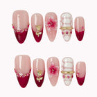 Crimson Garden Jewel press-on nail set in Red, Pink, Nude, White, Gold with red, pink, nude and white design with florals, gold lines and crystals on a white background