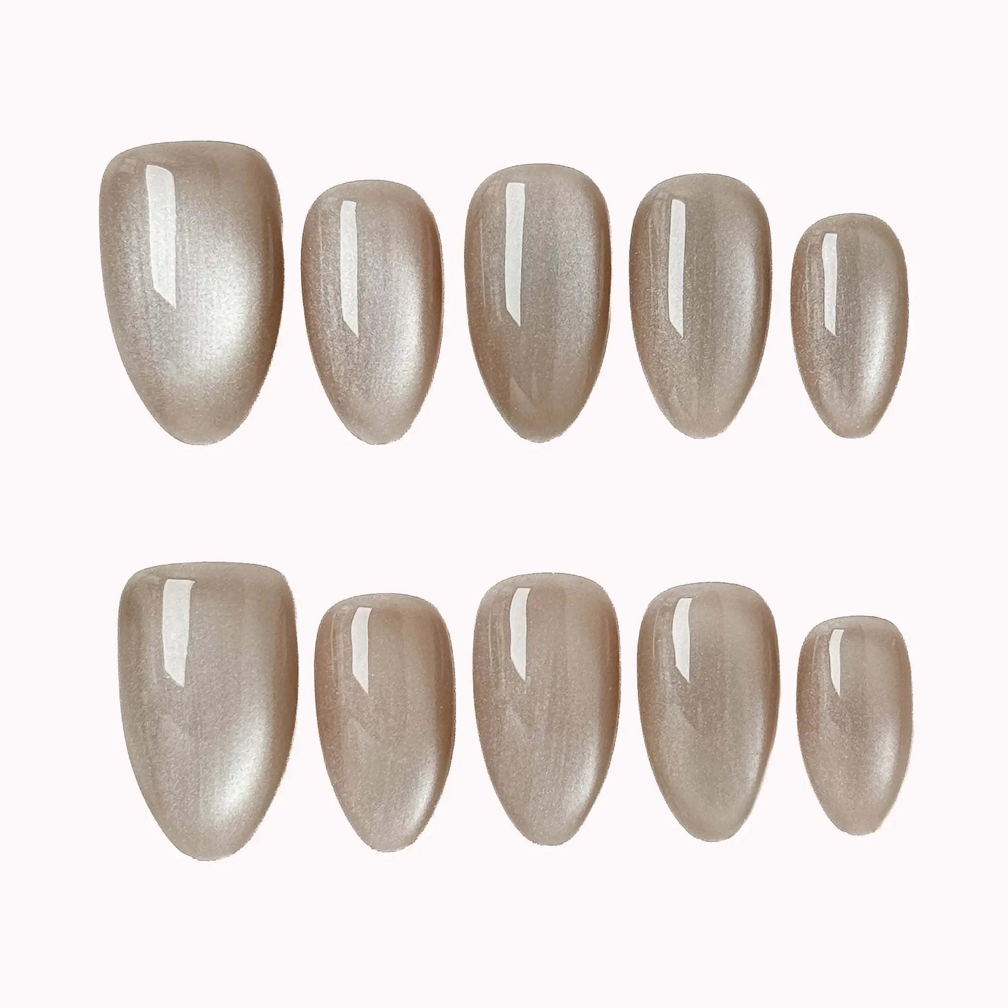 Silver Taupe Halo press-on nail set in Brown, Silver with cool taupe cat-eye design with a silver reflective finish on a white background
