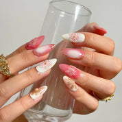 Blush Petal Veil medium almond press-on nails worn on hands, view 3
