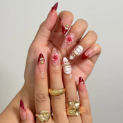 Crimson Garden Jewel medium almond press-on nails worn on hands, view 2