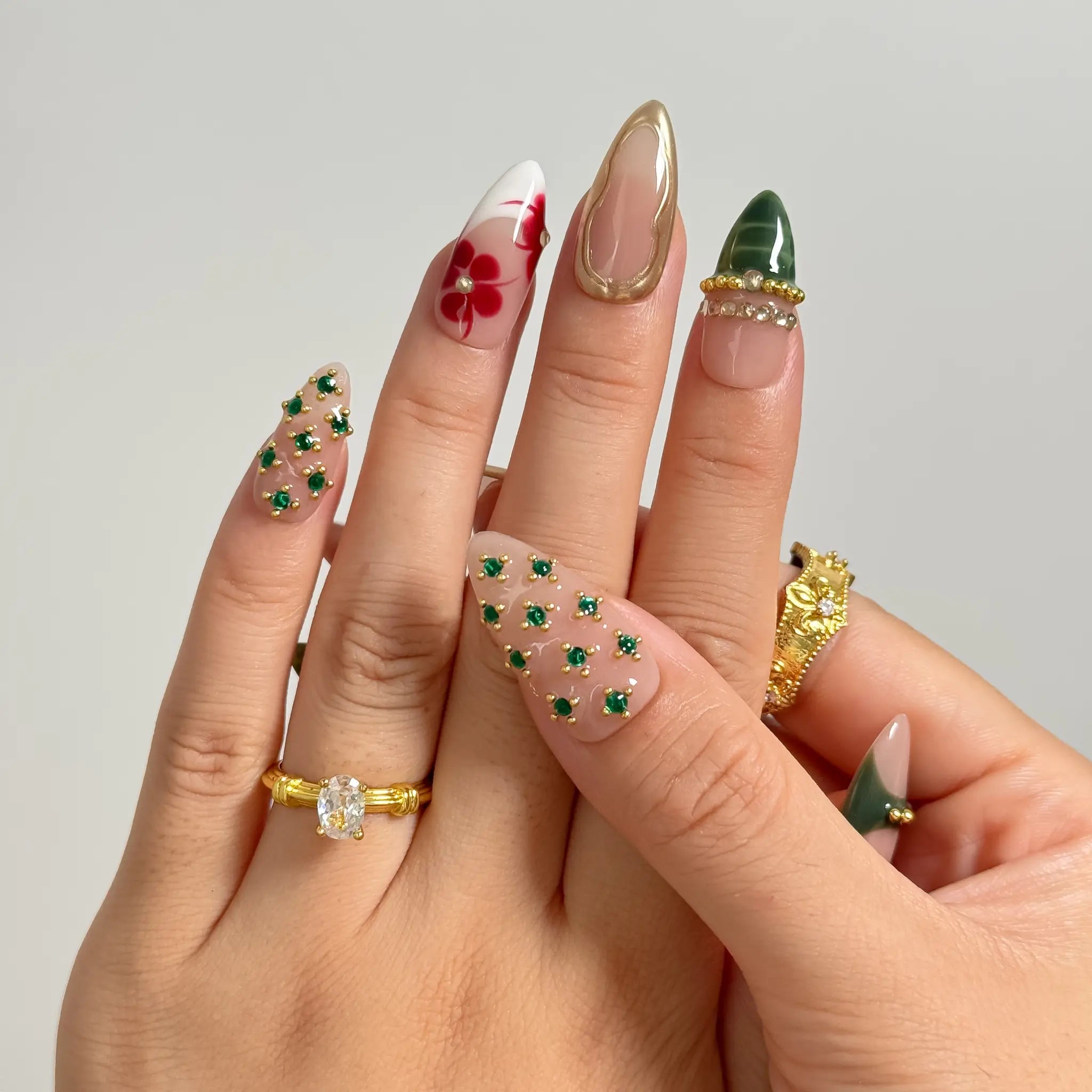 Emerald Garden Relic long almond press-on nails worn on hands, view 3