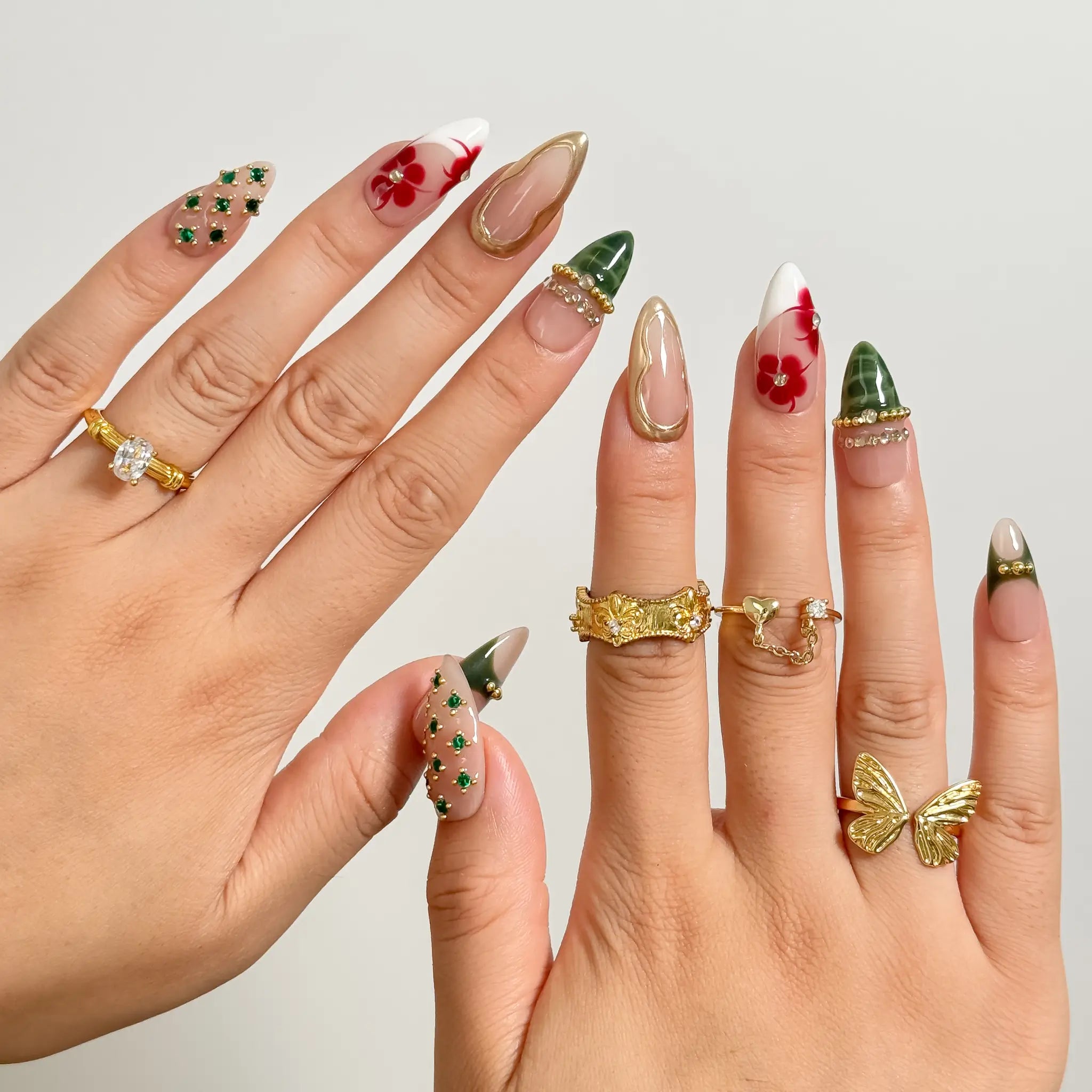 Emerald Garden Relic long almond press-on nails worn on hands, view 4