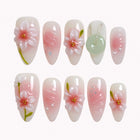 Jade Blossom Veil press-on nails in pink, white, and soft green with 3D flowers, pearl details, glitter, and a jade-inspired charm