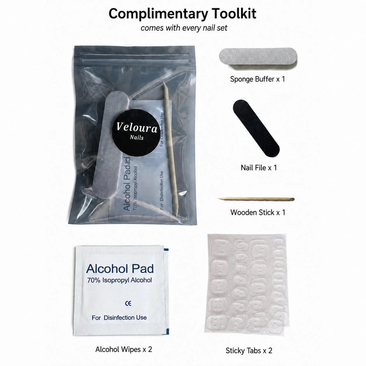 Complimentary Veloura Nails toolkit included with the press-on nail set