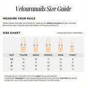 Veloura Nails fingernail size guide with nail width measurements in millimeters