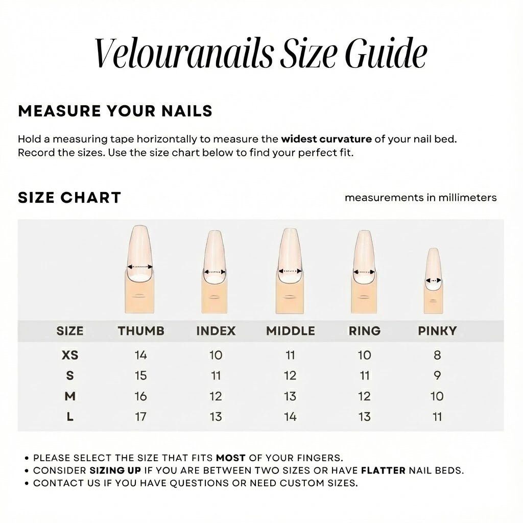 Veloura Nails fingernail size guide with nail width measurements in millimeters