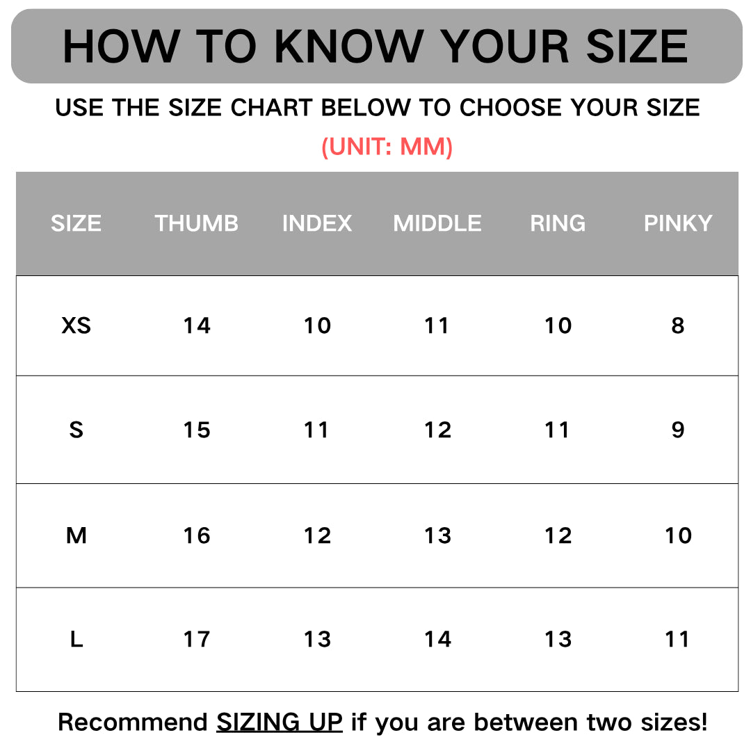 Veloura Nails fingernail size guide with nail width measurements in millimeters
